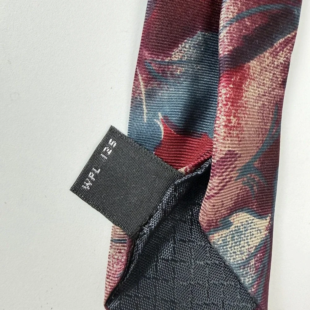 Vintage Christian Dior Monsieur Burgundy Teal Leaf Pattern Silk Tie‎ USA